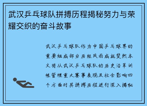 武汉乒乓球队拼搏历程揭秘努力与荣耀交织的奋斗故事