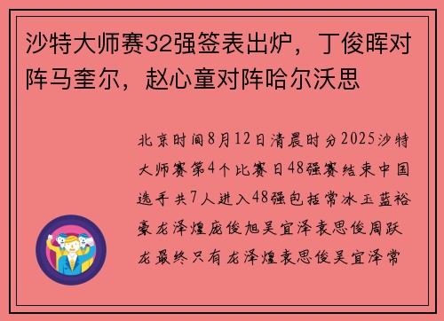 沙特大师赛32强签表出炉，丁俊晖对阵马奎尔，赵心童对阵哈尔沃思